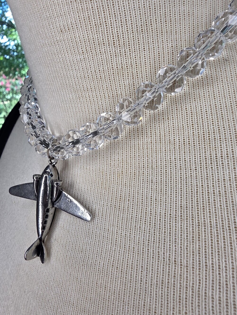 Silver Airplane Pendant Necklace with Clear Beads - Unisex Jewelry - Picture 6 of 14